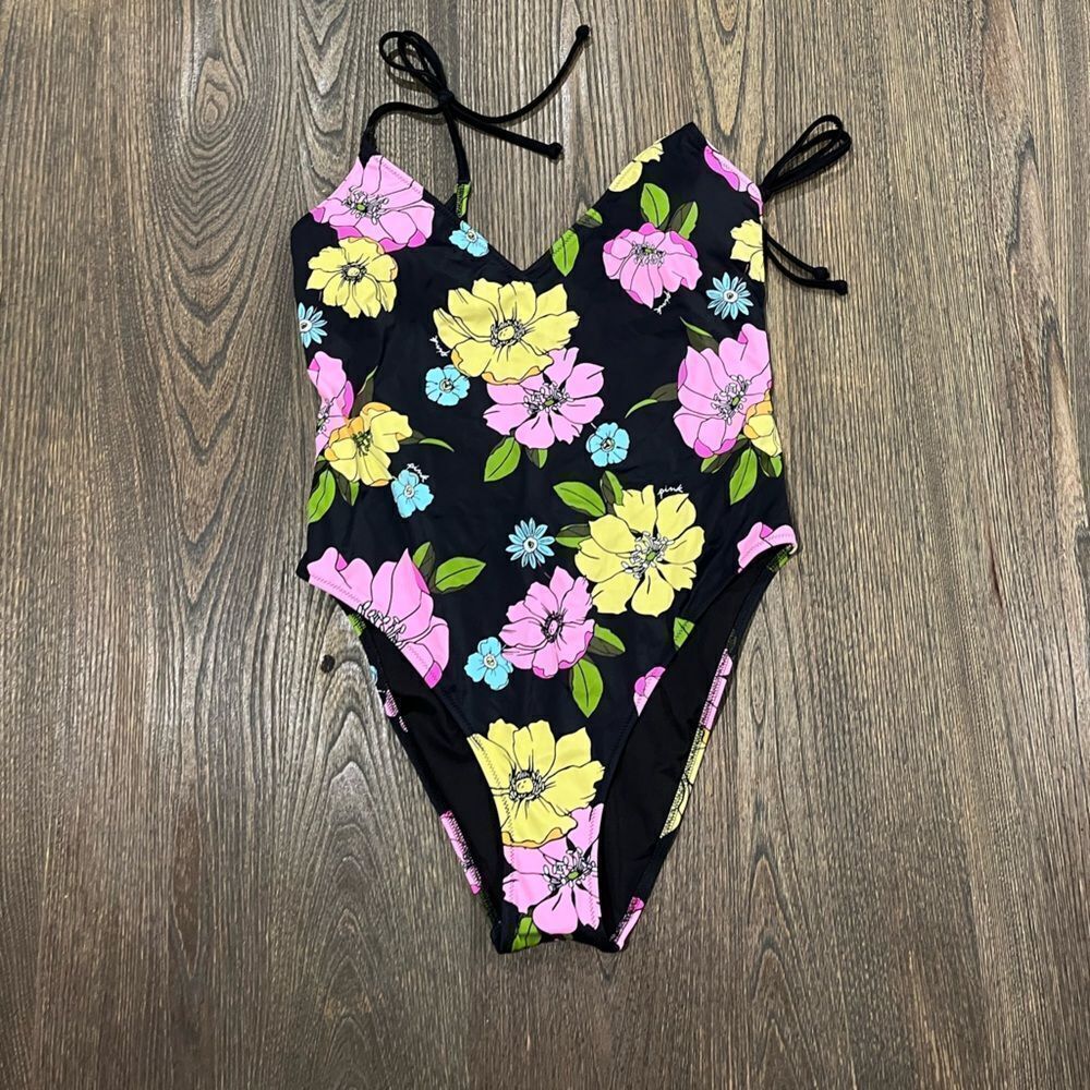 NWOT PINK Victoria's Secret One Piece Swimsuit Floral V-Neck Black Multi Medium - Picture 1 of 5